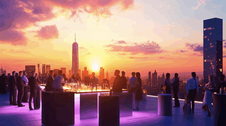 Rooftop party at sunset