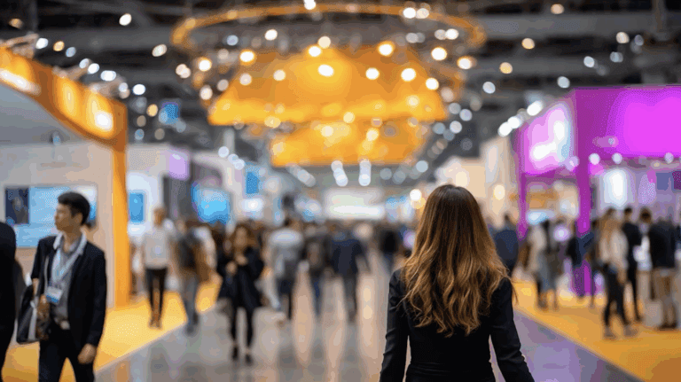 Woman walking through vibrant trade show