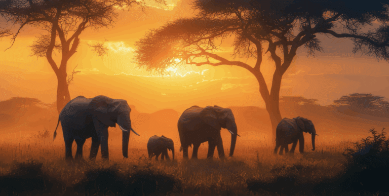 Elephants walking at sunset